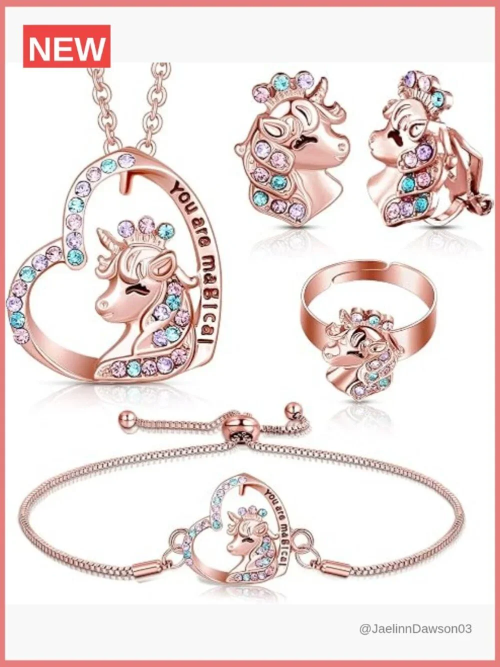 Girls Unicorn Axolotl Jewelry Set - Necklace Bracelet Ring Earrings